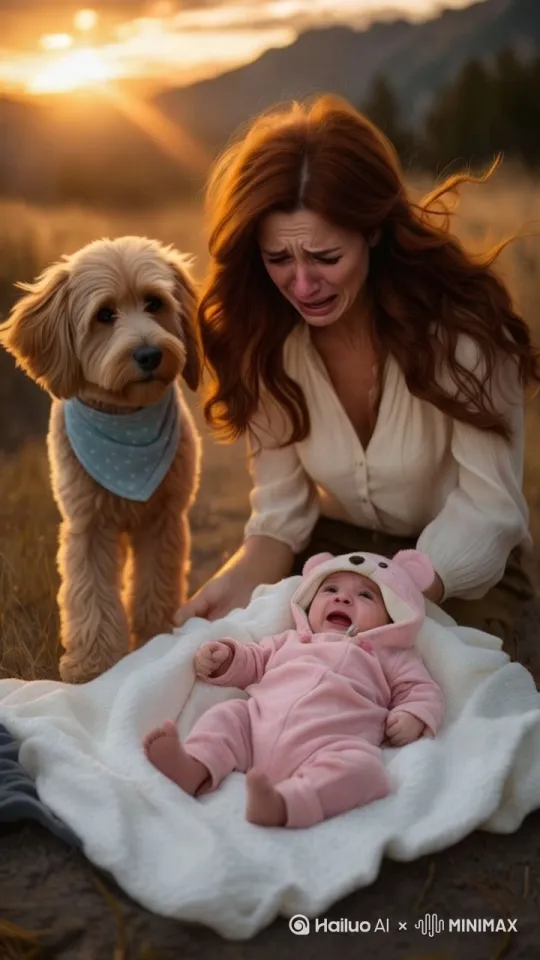 The Mother Arrives Mother, 28-year-old woman, long chestnut brown wavy hair, tearful eyes, cream-colored blouse and soft beige pants, barefoot, running toward baby, sit beside Baby,tear face, 6-month-old female infant, lying swaddled, stretching arms to mother, Puppy, 2-year-old male dog, sitting beside baby, tail wagging weakly, sunset in background, wide emotional moment shot, heartfelt reunion style by Hailuo AI Video Generator