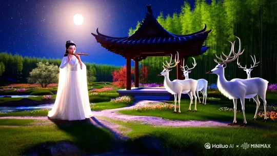帮我生成超高清中国风格视频，高空中月光明媚，繁星点点，一穿古代白色衣裙女子站在楼阁飞檐翘角下吹笛，长裙随风飘扬，皎洁的月光照在女子脸上，女子容颜格外清晰，容颜倾城倾国，小溪在楼阁和竹林间潺潺流淌，绿草如茵，到处开满各色鲜花，3只白色长角鹿同2只白鹤安详聆听笛声。比例20.6 by Hailuo AI Video Generator