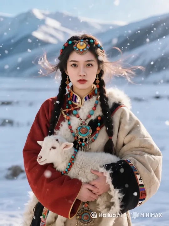 美女面对镜头，自然的风吹头发，雪慢慢落下，要求8k品质，电影质感，整个图片有逻辑的，自然的动起来，1080p清晰度 by Hailuo AI Video Generator