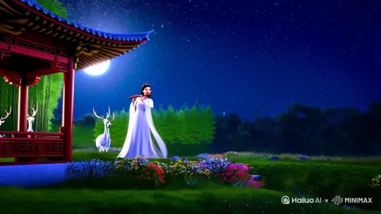 帮我生成超高清中国风格实景视频,高空中月光明媚,繁星点点,一穿古代白色衣裙女子站在楼阁飞檐翘角下吹笛,长裙随风飘扬,皎洁的月光照在女子脸上,女子容颜格外清晰,容颜倾城倾国,小溪在楼阁和竹林间潺潺流淌,绿草如茵,到处开满各色鲜花,3只白色长角鹿同2只白鹤安详聆听笛声。比例20.6 by Hailuo AI Video Generator