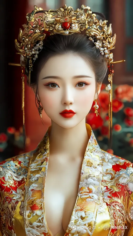 身着金红华服的女子在古典宫廷中优雅转身，头戴凤冠的珍珠与红宝石随舞姿轻轻摇曳，红唇勾起妩媚浅笑，红色花瓣在背景中缓缓飘落，繁复的衣摆随拂袖动作如云舒展，固定镜头突显东方古典韵味。 by Hailuo AI Video Generator