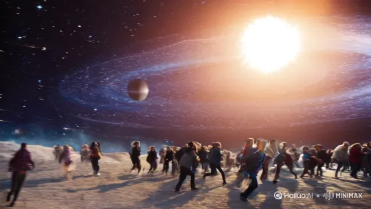 宇宙中的黑洞爆炸，地区上的人们纷纷逃离，突然出现一个巨大的机器人，顶住了黑洞。最终，黑洞爆炸了 by Hailuo AI Video Generator