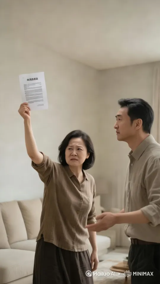 妻子把离婚协议甩到了丈夫的身上，丈夫一脸无奈，妻子痛下决心，但是面带愁容 by Hailuo AI Video Generator