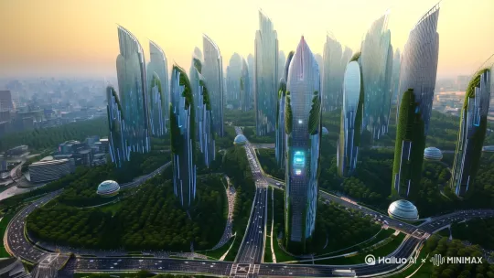 设计一个昆明的未来城市图片有许多的高楼建筑。 by Hailuo AI Video Generator