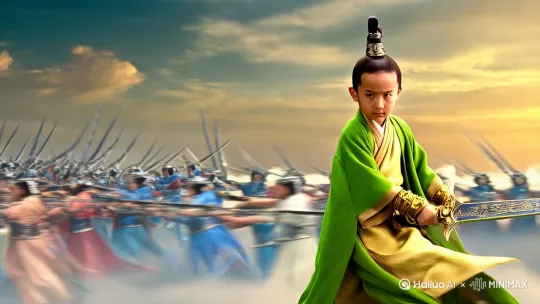 一个小男孩穿着古代修仙的衣服拿着一把华丽的仙剑在天上大战10万天兵，一剑令天地色变，杀死10万天兵 by Hailuo AI Video Generator