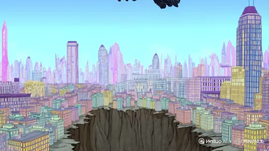 [下摇,晃动]在一座城市里，地面突然裂开，一个科幻风格的黑暗机甲人从地下爬出，从脚聚焦特写镜头到全身 by Hailuo AI Video Generator