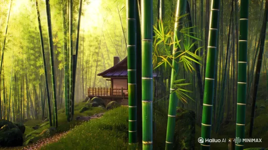 一个雨后的清晨，竹林深处，有一座美丽的小屋，屋外的樱花撒满屋外的小路。我和一只猫生活在这里，悠闲愉悦[左移,上升] by Hailuo AI Video Generator