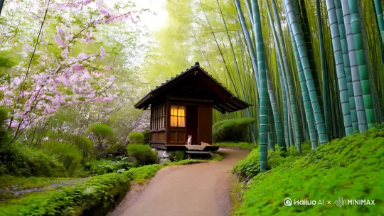 一个雨后的清晨，竹林深处，有一座美丽的小屋，屋外的樱花撒满屋外的小路。我和一只猫生活在这里，悠闲愉悦[左移,上升] by Hailuo AI Video Generator