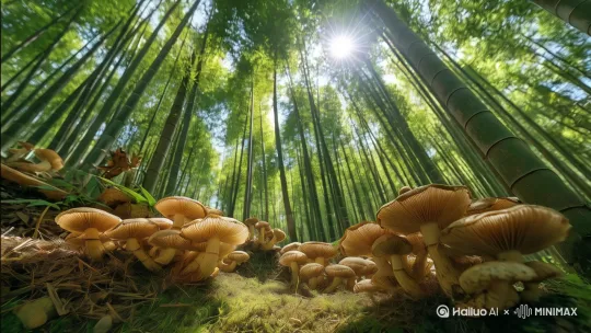 摄像机缓缓推进至图片中的香菇特写，晨光透过树冠在林间形成光斑。微风轻拂使叶片上的水珠微微颤动，背景中模糊的树影间有飘落的蒲公英种子轻轻掠过。 by Hailuo AI Video Generator