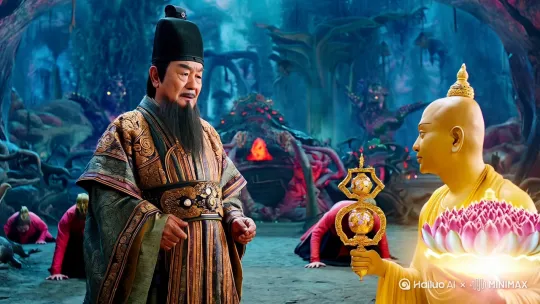 背景是地狱，阎王和地藏菩萨对话，阎王是老者，一身官府，戴着乌纱帽，黑胡子，庄严威严，地藏菩萨年轻俊美，光头，身金色，右手执锡杖，左手拿摩尼宝珠，放光芒，光中无数朵莲花，阎王后面，底下秘密秘密的地狱众生，都匍匐在地藏菩萨面前，阎王也恭敬跪下，请教。生成画面比例是9：16。 by Hailuo AI Video Generator