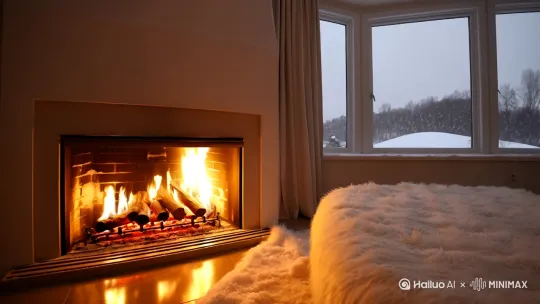 房间里有壁炉，壁炉里有火苗燃烧的声音，落地窗外飘着雪，床旁边是洁白的毛绒毯 by Hailuo AI Video Generator