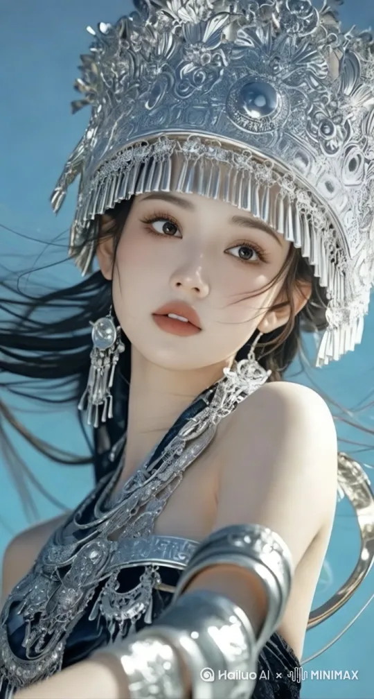 女人眨了眨眼睛，头发随风飘动，身上的配饰晃动 by Hailuo AI Video Generator
