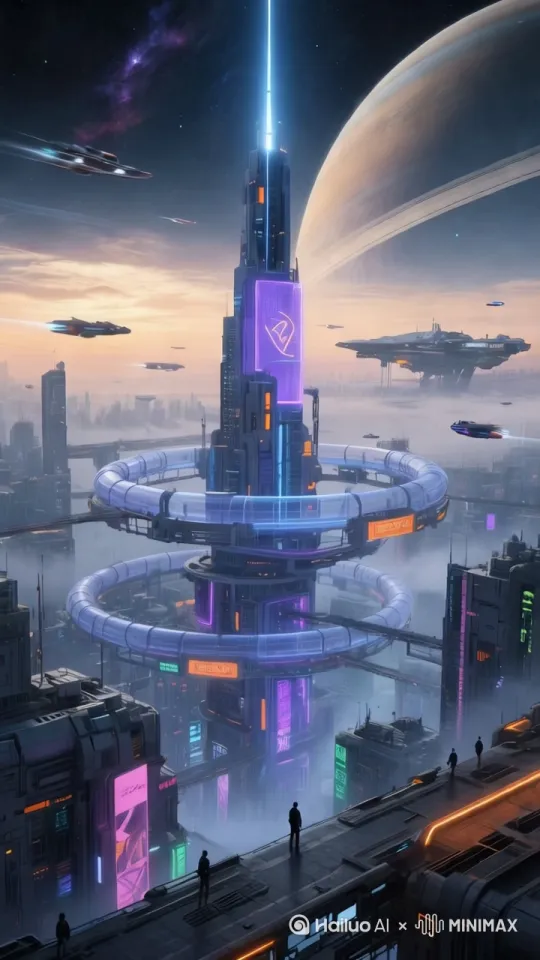 全景，升镜头。镜头升起，回归城市全景，微光粒子在雾气中漂浮，建筑灯光、飞行器光效交融，留存科幻余韵 。 by Hailuo AI Video Generator