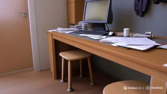 某大学男生宿舍  一张桌子，两张凳子，一台电脑，一本书，一袋“外卖” by Hailuo AI Video Generator