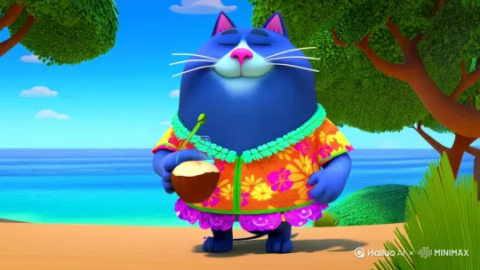 海边蓝天绿树大海、一只蓝色的肥猫穿着夏威夷风格的衣服手里拿着椰子水，正在向众人大家打招呼，最后在来个wink眨眼睛卖萌，然后开怀大笑 by Hailuo AI Video Generator
