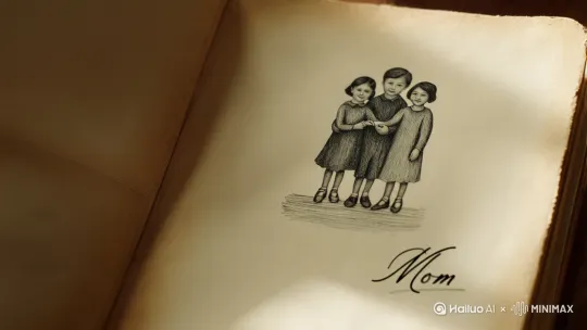 留白镜头（笔记本最后一页画着三个牵手的小人，落款是“妈妈”） by Hailuo AI Video Generator