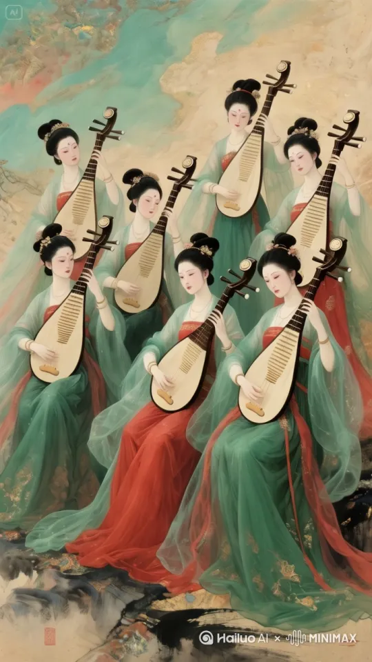 国风古韵场景中，数位身着古典纱衣的女子整齐排列，同步轻拨琵琶弦。琵琶动作精准踩五音疗愈节奏，衣袂随韵律微微飘动，发丝轻颤。背景云雾、山石似被乐声带动，缓慢晕染变换，让画面动态与五音旋律完美融合，营造沉浸式国风疗愈氛围  。 by Hailuo AI Video Generator