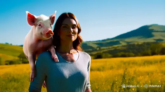 我也是我也是帮我做一个美女，肩上扛着一头猪，要求锻炼真实要求100个字以内。 by Hailuo AI Video Generator
