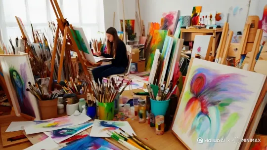 [左摇,变焦推进]女大学生坐在，满屋子的画画用品钱画出每一个动态的熠熠生辉的人物 by Hailuo AI Video Generator