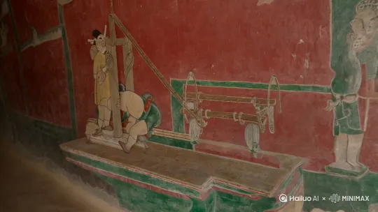 镜头1：艺术考据
敦煌莫高窟第296窟壁画特写，北周时期的“提水滑轮”图像（人物弯腰拉动绳索，滑轮架绘于井台旁），色彩以土红、石绿为主，线条勾勒出滑轮的木质框架。 by Hailuo AI Video Generator