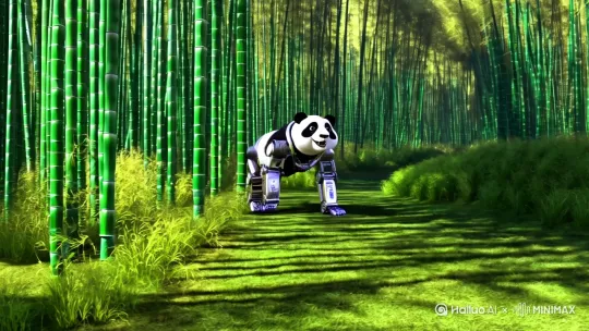 充满机械感的一只拟人化熊猫在不远竹林里朝着我开心的走来[右移,跟随]3D渲染 32k by Hailuo AI Video Generator