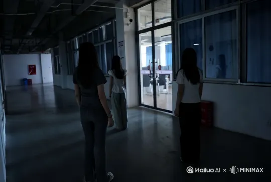 超现实恐怖风格，昏暗废弃工厂场景，三位女生原本背对镜头，此刻转过身，露出诡异的脸，皮肤苍白如纸，眼窝深陷黑洞般，嘴角夸张撕裂到耳根，渗着诡异蓝光，周围空气扭曲，地面阴影如触手蔓延，8K 电影质感，超写实细节，营造惊悚氛围[推进] by Hailuo AI Video Generator
