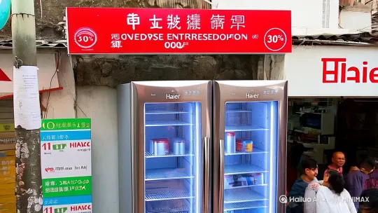 小街海尔专卖店618活动开始了，政企双补达30%，海尔540升对开门冰箱1999元，10公斤全自动洗衣机799元，10公斤滚筒洗衣机1099元，3500w电磁炉只要89元， by Hailuo AI Video Generator