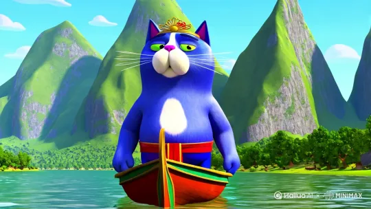 蓝色，嘴巴和肚子一块白色的卡通胖猫穿这古装，站在一只小舟上从两岸都是大山的江面漂流 by Hailuo AI Video Generator