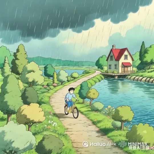 天空中下着小雨，一个人沿着路在骑自行车 by Hailuo AI Video Generator