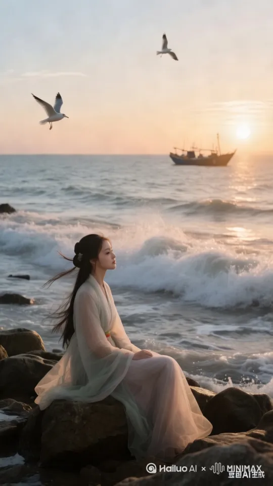 海浪拍岸，头发衣服随风飘动，海鸥飞过，渔船随海浪上下起伏摇晃，镜头环绕人物旋转后拉[左移,右摇,跟随] by Hailuo AI Video Generator