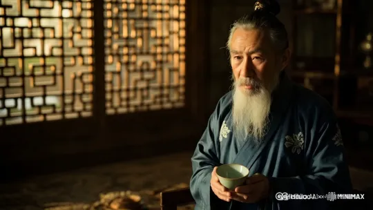 医者三指托盏小口啜饮，水汽氤氲升腾。说：晨无水饮，亏三日之津，非指豪饮，惟需小口温润，空腹缓啜三咽，胜似参汤 by Hailuo AI Video Generator