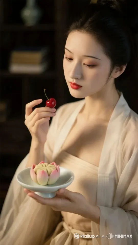 美女缓缓抬头看向摄像机，并将手中的樱桃递过来[变焦推进] by Hailuo AI Video Generator