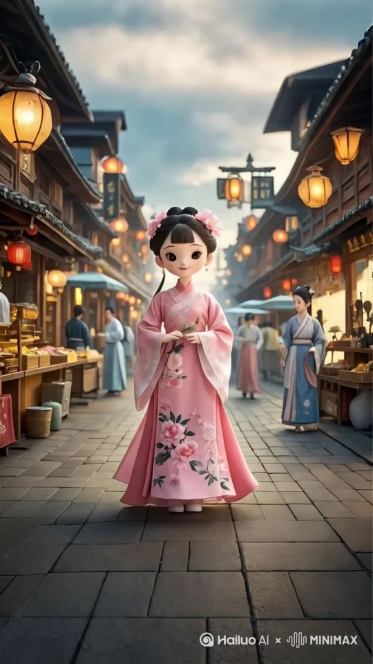 微风。古装美女快步走在大街上，自信微笑，周围古装人群穿梭，有交谈的，讨价还价的，小商贩卖货，两边酒楼饭庄林立，繁华热闹烟火气，高清质感动态场景。[推进,上升] by Hailuo AI Video Generator