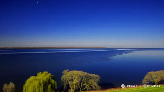 广角俯拍 | 春江入海口 | 暮春夜晚 | 无风 | 全景
宽阔的江面在远处与深蓝色的大海平滑相接,形成一条几乎笔直、望不到尽头的水平线。潮水饱满,江面异常平静如镜,倒映着深邃的夜空。岸边隐约可见新绿的春草或低垂的柳枝轮廓(暗示季节)。天空是深沉的靛蓝色,点缀稀疏星辰 by Hailuo AI Video Generator