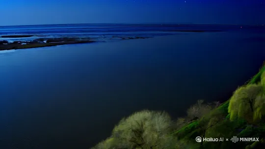 1.  **广角俯拍 | 春江入海口 | 暮春夜晚 | 无风 | 全景：**
    *   **画面：** 宽阔的江面在远处与深蓝色的大海平滑相接，形成一条几乎笔直、望不到尽头的水平线。潮水饱满，江面异常平静如镜，倒映着深邃的夜空。岸边隐约可见新绿的春草或低垂的柳枝轮廓（暗示季节）。天空是深沉的靛蓝色，点缀稀疏星辰。
    *   **氛围：** 静谧、辽阔、孕育感。强调“**连海平**”的视觉感受——江海一色，水平如练。
    *   **镜头运动 (可选)：** 缓慢的横移或小幅度的升降，展现江海相接的浩瀚。

2.  **中远景 | 海平面 | 低角度 | 潮汐涌动：**
    *   **画面：** 视角放低，贴近海平面（或略高于海平面的礁石视角）。镜头聚焦在江海交汇处那条水平线上。可见一波波舒缓但有力的潮水（非惊涛骇浪）正持续地、有节奏地向岸边涌来，拍打出柔和的白色浪线。水面因潮涌呈现细腻的波纹。
    *   **氛围：** 动态感开始显现，展现“**潮水**”的生命力。宁静中蕴含力量。
    *   **镜头运动 (可选)：** 固定镜头，或极其缓慢地推近海平面线。

3.  **特写 | 潮头浪花 | 月光初现：**
    *   **画面：** （承接上一镜头的潮涌）特写一簇刚刚涌起的、晶莹剔透的浪花顶端。就在这簇浪花翻卷、水珠四溅的瞬间，一轮巨大、饱满、金黄色的明月（或银白色，根据意境选择）的**最底部边缘**，恰好从浪花后方、海平面的位置**露了出来**。仿佛明月是被这涌起的潮水托举而生。
    *   **氛围：** 神奇、决定性瞬间。突出“**共潮生**”的意境——明月与潮水共生共长。
    *   **镜头运动：** 固定特写，或极缓慢地随浪花升起轻微上抬。

4.  **中景/全景 | 海上明月升 | 动态升格 (慢动作)：**
    *   **画面：** 镜头拉回中景或全景。那轮明月正以肉眼可见的速度从海平面下升起。月光瞬间洒满整个镜头前的海面，将涌动的潮水染成一片流动的碎银或金鳞。潮水依然在舒缓地涌动，每一次涌起都仿佛在迎接、推动着新生的明月。明月皎洁清辉，照亮了天空和广阔的海域。
    *   **氛围：** 壮丽、神圣、生机勃勃。完美诠释“**海上明月共潮生**”的动态画卷。强调明月升起与潮汐运动同步的和谐感。
    *   **镜头运动：** 缓慢的上升镜头（模拟明月升起感），或固定镜头展现明月在画面中逐渐升高。**慢动作**处理潮水的涌动和月光在水面的流淌，增强诗意和美感。

5.  **大远景 | 江海明月全景 | 最终定格：**
    *   **画面：** 回到一个极高、极远的视角。春江、大海、明月三者融为一体。江海依旧“连海平”，平滑如镜又暗含涌动；明月已升至半空，清辉万里，成为画面的绝对视觉中心和光源。整个场景浩瀚、宁静、充满宇宙般的永恒感。
    *   **氛围：** 宏大、圆满、悠远。总结全诗意境。
    *   **镜头运动：** 缓慢的后拉或上升，展现天地之辽阔，最终定格在这个充满诗意的全景上。

---

**关键要点强调 (符合逻辑 & 清晰)：**

*   **季节暗示：** 通过岸边的植被（新绿、柳枝）、温和的潮水（非冬季凛冽或夏季狂暴）体现“春”。
*   **“连海平”逻辑：** 必须展现江面在视觉上平滑地融入海平面，没有明显的落差或断裂感。水面平静是关键。
*   **“共潮生”逻辑：** 这是核心创意点。
    *   明月必须从**海平面**升起。
    *   升起的那一刻要与**涌起的潮水**有视觉上的关联（如特写镜头所示），制造“潮水托举明月诞生”的错觉或诗意联想。
    *   升起过程中，潮水的涌动（即使是慢动作）要持续可见，体现共生共长的动态关系。
*   **光线逻辑：** 明月是主要光源。初升时月光偏暖黄（大气折射），升高后转清冷银白。水面反光和照亮范围要符合光源位置和强度。
*   **纯净构图：** 尽量避免现代船只、建筑等穿帮元素，保持画面的古典与纯净。
*   **动态控制：** 潮水是舒缓有力的涌动，不是惊涛拍岸。镜头运动普遍缓慢、平稳，符合古诗的意境和节奏。 by Hailuo AI Video Generator