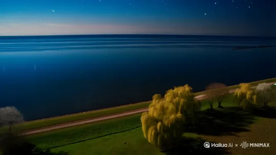 1.  **广角俯拍 | 春江入海口 | 暮春夜晚 | 无风 | 全景：**
    *   **画面：** 宽阔的江面在远处与深蓝色的大海平滑相接，形成一条几乎笔直、望不到尽头的水平线。潮水饱满，江面异常平静如镜，倒映着深邃的夜空。岸边隐约可见新绿的春草或低垂的柳枝轮廓（暗示季节）。天空是深沉的靛蓝色，点缀稀疏星辰。
    *   **氛围：** 静谧、辽阔、孕育感。强调“**连海平**”的视觉感受——江海一色，水平如练。
    *   **镜头运动 (可选)：** 缓慢的横移或小幅度的升降，展现江海相接的浩瀚 by Hailuo AI Video Generator