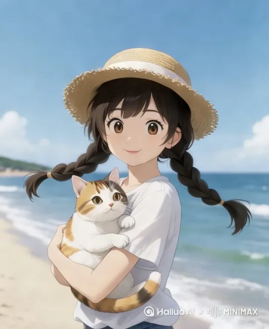 小女孩抱着猫咪在海边跑起来，一路笑的好开心 by Hailuo AI Video Generator