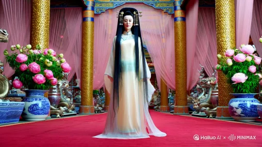 帮我生成超高清中国风格真人视频:一高窕黑发如墨，头饰金钗银簪的女人站在金碧辉煌的宫殿里，高大的龙纹柱子挂满粉色纱帘，地上铺着红毯，殿内各类金制、银制、玉器等摆设齐全，且琳琅满目，彰显荣华富贵，大殿两侧两个青花瓷大花盆开满牡丹花，女子身材高窕，皮肤白嫩，体态丰满，身披明沙裙，如出水芙蓉 by Hailuo AI Video Generator