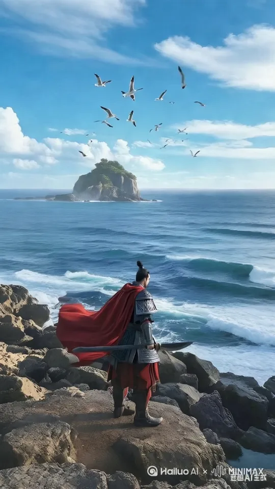 、波涛汹涌，海鸟飞翔，白云飘游，红衣摆 by Hailuo AI Video Generator