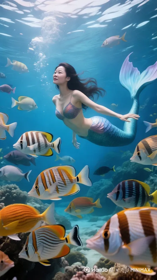 镜头1,全景,缓慢横移,鱼群和美人鱼游动,阳光穿透海面,洒在珊瑚礁与游动的彩色鱼群上。
镜头2,特写,缓缓推进,,鱼群和美人鱼游动阿莉的眼睛逐渐出现在画面中,轻柔呼吸声、气泡上浮声
镜头3,中景,跟随式运动,美人鱼摆动彩虹色鱼尾,穿梭在斑马鱼、蝴蝶鱼之间,鱼群好奇地围绕她
镜头4,全景,跟拍(匀速下潜),鱼群和美人鱼游动 by Hailuo AI Video Generator