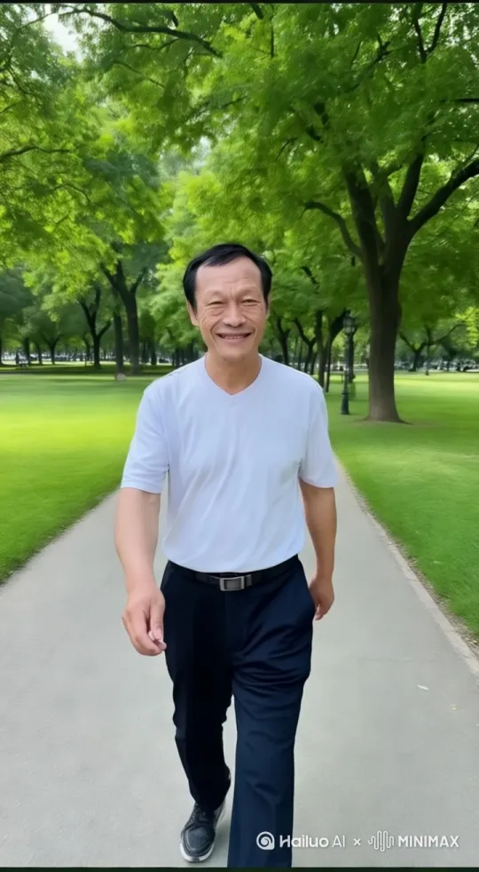 中年男子微笑着从长城中向正前方镜头慢慢走来。长城边外有果脐橙树结满果。 by Hailuo AI Video Generator