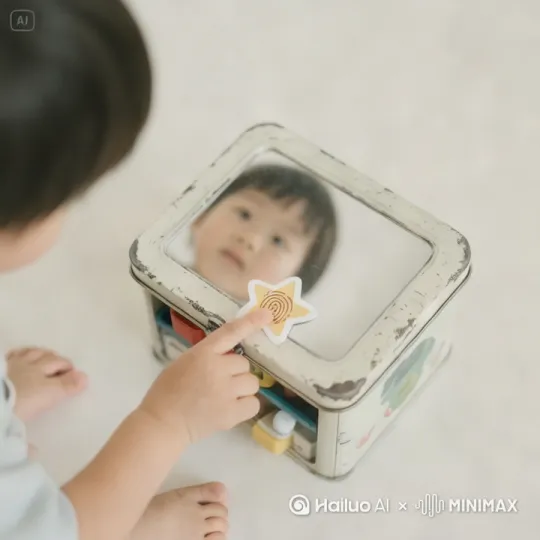 7. **【器物归属仪式】**  
  工笔矿物颜料罩染，孩子踮脚贴星星贴纸于玩具收纳盒，盒盖映出模糊小脸。拇指按压贴纸边缘的指纹、盒体磨损划痕、胶水反光层皆纤毫毕现。[推进,上升] by Hailuo AI Video Generator