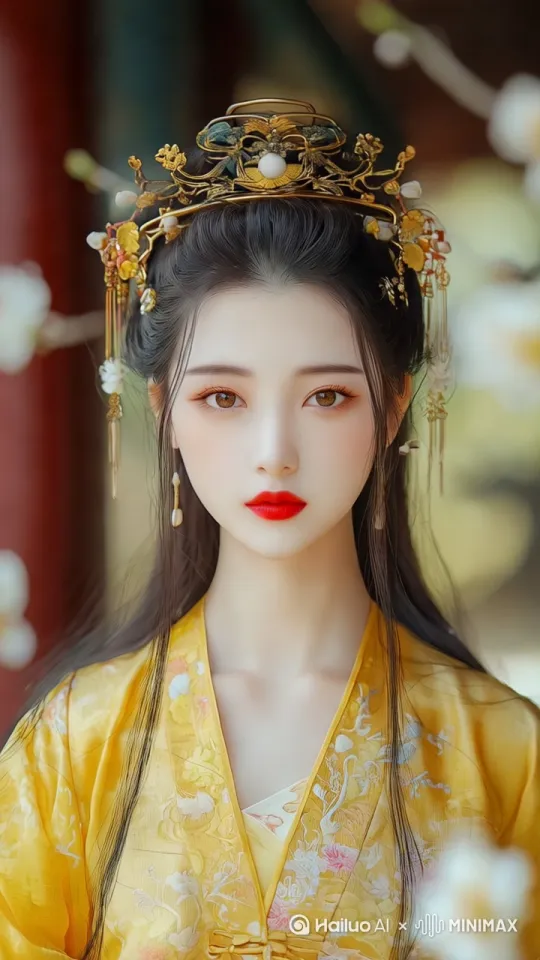身着黄色传统服饰的女子在古典庭院中缓缓转身，乌黑长发随动作轻轻摆动，金色头饰的珠串微微摇晃，背景淡雅花瓣随风飘落，妆容精致的面庞带着端庄微笑，固定镜头呈现优雅从容的气质。 by Hailuo AI Video Generator