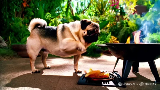 一只巴哥犬在用烧烤炉在烧东西吃，然后食物熟了之后分给旁边其他狗，吃到食物的狗，都对着镜头竖起大拇指 by Hailuo AI Video Generator