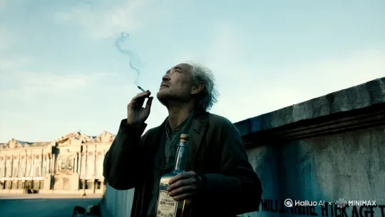 天气晴朗，一位落魄的中年坐在围墙左侧阴影中，一手烟，一手酒瓶，烟雾缭绕中缓慢抬头[下降,上摇]望向天空[推出,上升,下摇]。随后灭了烟扔掉酒瓶站立握紧拳头。[左移,右摇,跟随]前面地上洒满空酒瓶和烟头，旁边一条流浪狗。围墙后一排漂亮的楼房。围墙右侧书写:人至中年白了头，难磨心中壮志酬。纵有千斤担，也得往前走。烟不解烦，酒不解忧，唯有碎银破千愁！加油！加油！ by Hailuo AI Video Generator