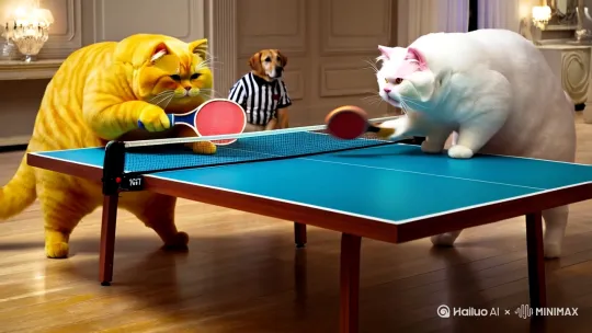 一大黄猫与另一只大白猫进行乒乓球比赛，在室内进行，各握乒乓球拍，大黄猫站桌前面，大白猫站另一边，球必须接触球拍，球要过桌中间的网，狗狗坐边上当裁判， by Hailuo AI Video Generator