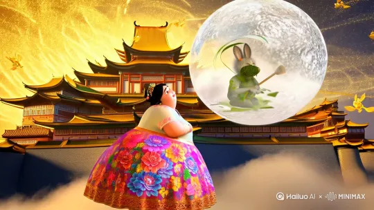 在一片如梦似幻的3D渲染风格场景中，天空仿若被泼洒了金粉与银辉，呈现出奇异的色泽。背景是一座漂浮在云雾之上、金光闪耀的唐代宫殿，琉璃瓦折射出璀璨光芒，宫墙蜿蜒曲折，仿佛巨龙盘踞。
 
画面中心是一位胖嘟嘟可爱的古代女子，身着华丽且宽松的唐代襦裙，裙子上绣满了象征富贵的牡丹花纹，颜色艳丽夺目，襦衫轻薄透明，隐隐透出她圆润的手臂。她微微仰头，双手俏皮地向上伸出，似乎想要触摸那近在咫尺的月亮。而那月亮不再是寻常模样，竟是一颗巨大的、散发着柔和蓝光的水晶球，里面有云雾流动，还能隐约看见玉兔捣药的朦胧幻影，兔子身上的毛发都根根分明，仿佛在欢快跳动。水晶球周围环绕着金色的、形似敦煌飞天飘带的光带，随着女子的动作轻轻摇曳，营造出一种超现实主义且充满唐代美学的卡通风格奇幻场景。
 
提示词：3D渲染、唐代风格、胖嘟嘟可爱女子、漂浮宫殿、水晶球月亮、玉兔幻影、敦煌飞天光带、卡通风格 by Hailuo AI Video Generator