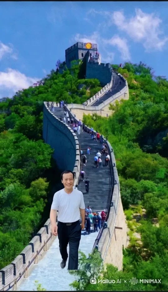 中年男子微笑着从长城中向正前方镜头慢慢走来。长城边外有几果鲜花树。 by Hailuo AI Video Generator