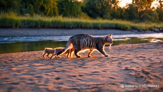 一只猫妈妈带着4只小猫在河边散步 by Hailuo AI Video Generator