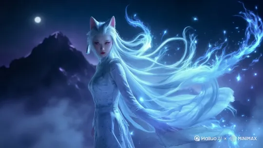 正面面对镜头。身后9只狐尾瞬间展开。狐火在他周围飘荡。 by Hailuo AI Video Generator
